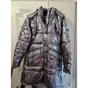 Celsius Premium Metallic Silver Puffer Coat Faux Fur Hood Winter Parka Womens XL
